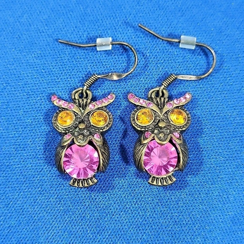 Rhinestone Owl Earrings Orange Pink Gems Drop‎ Dangle Pierced Hooks